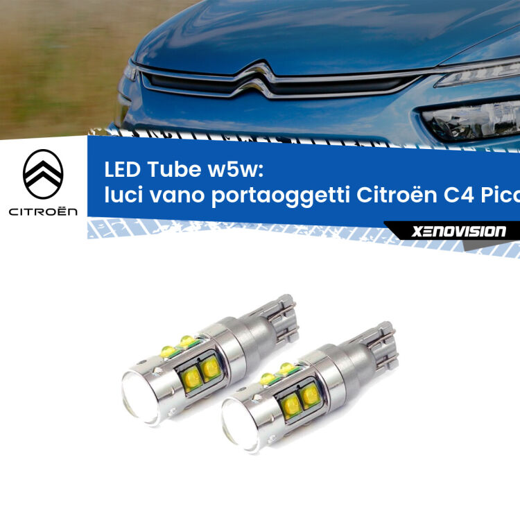 Luci Vano Portaoggetti LED W5W Citroën C4 Picasso II 2013 in poi W5W Tube <strong>Luci Vano Portaoggetti LED 6000k per Citroën C4 Picasso</strong> II 2013 in poi. Lampadine <strong>W5W</strong> canbus modello Tube, luce bianco lunare, lunga durata e compatibilità.