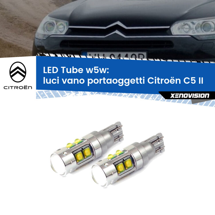 Luci Vano Portaoggetti LED W5W Citroën C5 II 2008 - 2014 W5W Tube <strong>Luci Vano Portaoggetti LED 6000k per Citroën C5</strong> II 2008 - 2014. Lampadine <strong>W5W</strong> canbus modello Tube, luce bianco lunare, lunga durata e compatibilità.