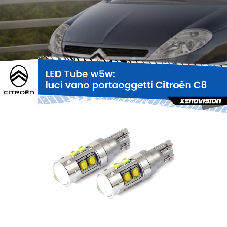 0 Luci Vano Portaoggetti LED W5W Citroën C8  2002 - 2010 W5W Tube <strong>Luci Vano Portaoggetti LED 6000k per Citroën C8</strong>  2002 - 2010. Lampadine <strong>W5W</strong> canbus modello Tube, luce bianco lunare, lunga durata e compatibilità.