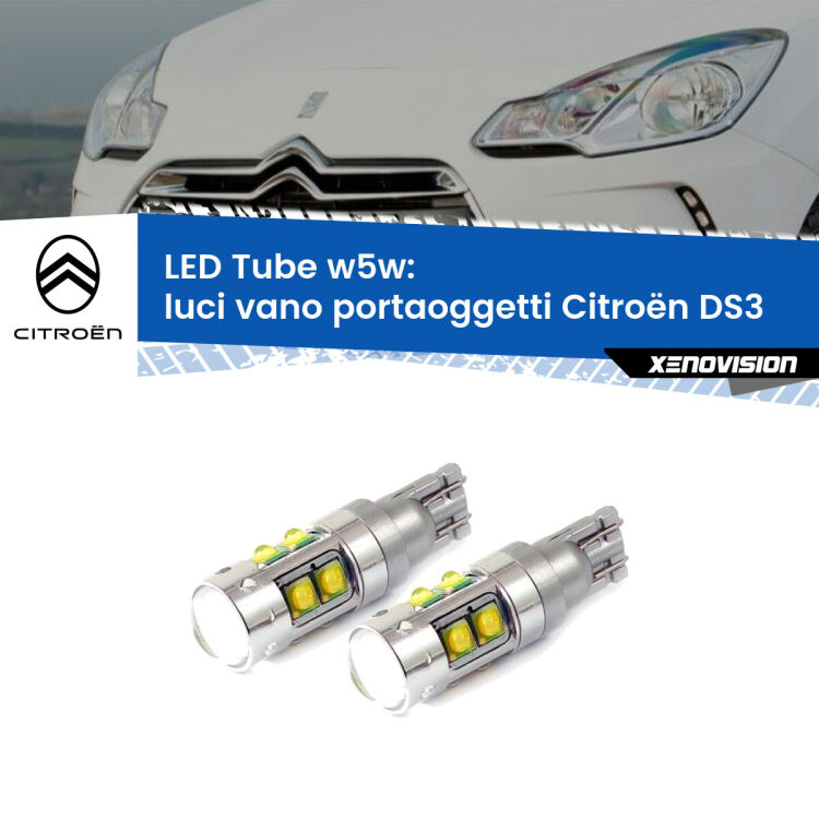 0 Luci Vano Portaoggetti LED W5W Citroën DS3  2009 - 2015 W5W Tube <strong>Luci Vano Portaoggetti LED 6000k per Citroën DS3</strong>  2009 - 2015. Lampadine <strong>W5W</strong> canbus modello Tube, luce bianco lunare, lunga durata e compatibilità.