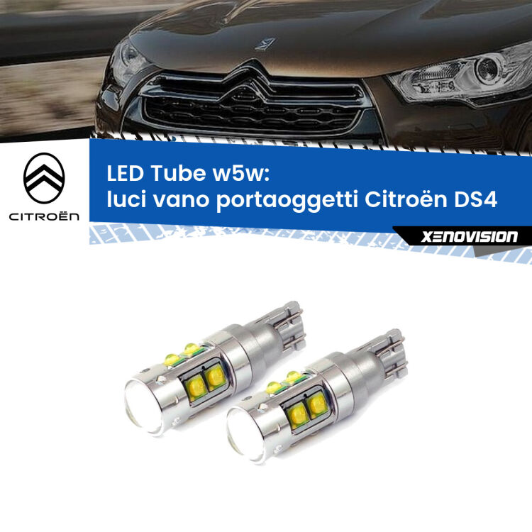 0 Luci Vano Portaoggetti LED W5W Citroën DS4 2011 - 2015 W5W Tube <strong>Luci Vano Portaoggetti LED 6000k per Citroën DS4</strong> 2011 - 2015. Lampadine <strong>W5W</strong> canbus modello Tube, luce bianco lunare, lunga durata e compatibilità.