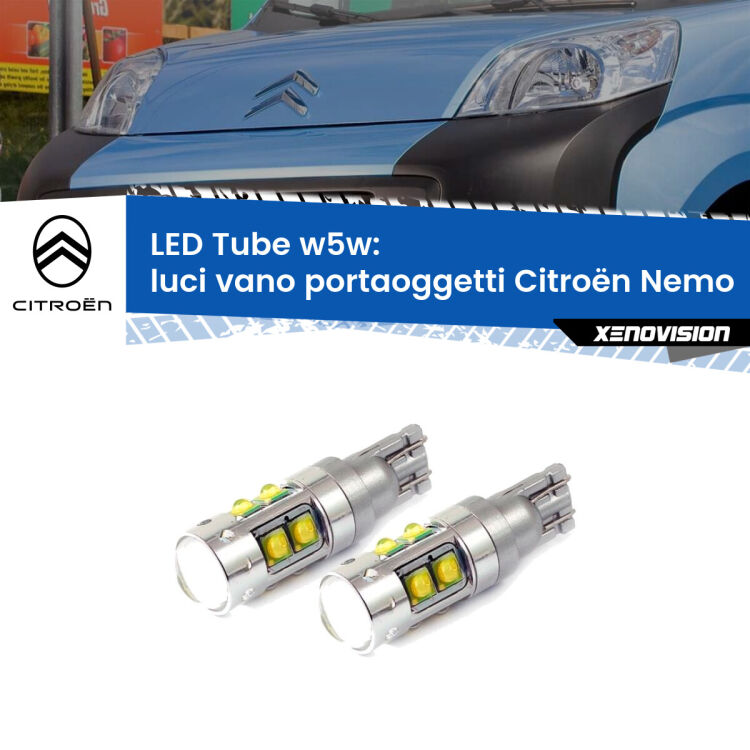 Luci Vano Portaoggetti LED W5W Citroën Nemo 2008 in poi W5W Tube <strong>Luci Vano Portaoggetti LED 6000k per Citroën Nemo</strong> 2008 in poi. Lampadine <strong>W5W</strong> canbus modello Tube, luce bianco lunare, lunga durata e compatibilità.