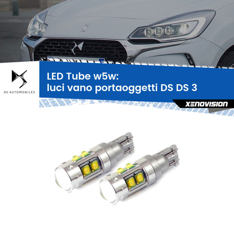 Luci Vano Portaoggetti LED W5W DS DS 3 2015 in poi W5W Tube <strong>Luci Vano Portaoggetti LED 6000k per DS DS 3</strong> 2015 in poi. Lampadine <strong>W5W</strong> canbus modello Tube, luce bianco lunare, lunga durata e compatibilità.