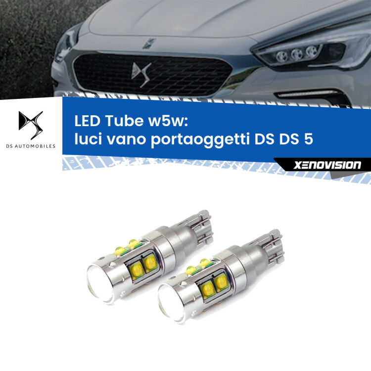 Luci Vano Portaoggetti LED W5W DS DS 5 2015 in poi W5W Tube <strong>Luci Vano Portaoggetti LED 6000k per DS DS 5</strong> 2015 in poi. Lampadine <strong>W5W</strong> canbus modello Tube, luce bianco lunare, lunga durata e compatibilità.