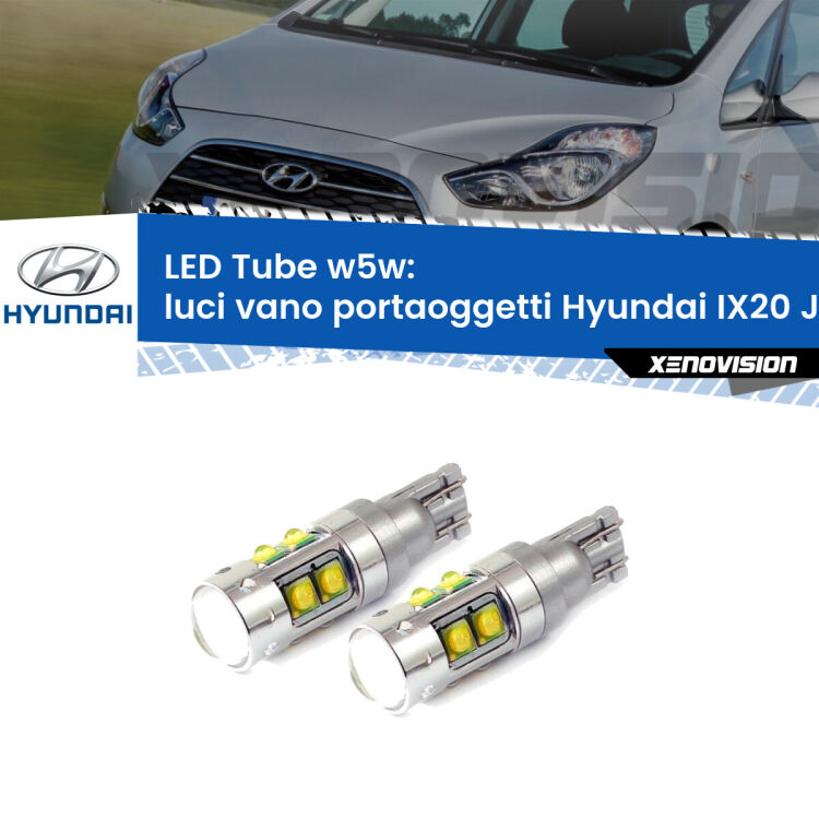 Luci Vano Portaoggetti LED W5W Hyundai IX20 JC 2010 in poi W5W Tube <strong>Luci Vano Portaoggetti LED 6000k per Hyundai IX20</strong> JC 2010 in poi. Lampadine <strong>W5W</strong> canbus modello Tube, luce bianco lunare, lunga durata e compatibilità.