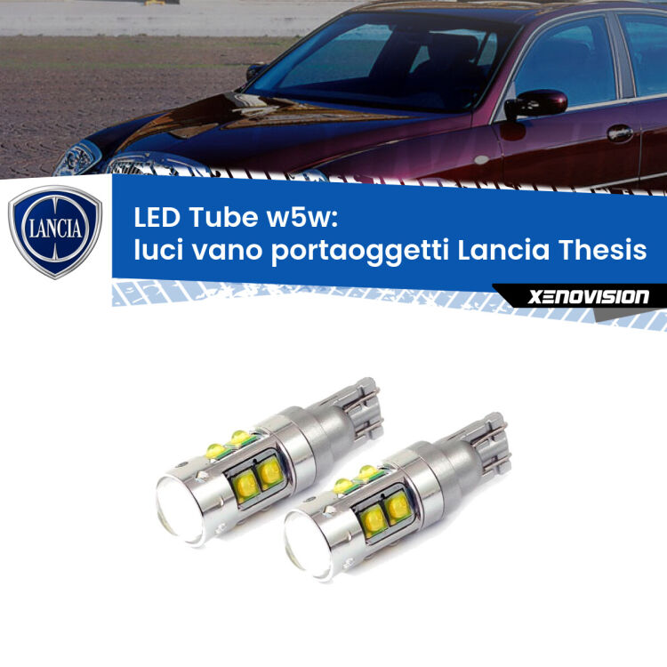 Luci Vano Portaoggetti LED W5W Lancia Thesis  2002 - 2009 W5W Tube <strong>Luci Vano Portaoggetti LED 6000k per Lancia Thesis</strong>  2002 - 2009. Lampadine <strong>W5W</strong> canbus modello Tube, luce bianco lunare, lunga durata e compatibilità.