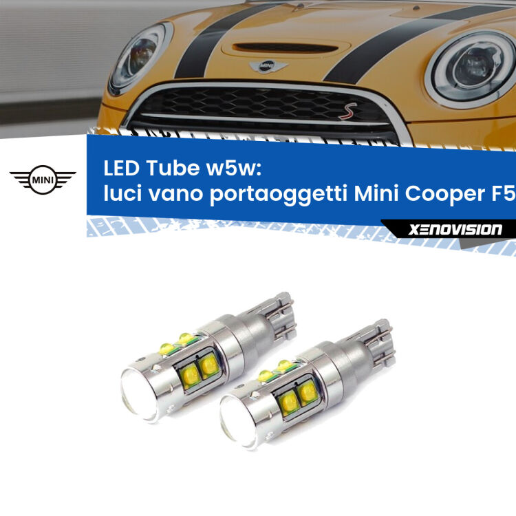 Luci Vano Portaoggetti LED W5W Mini Cooper F55 F56 2013 - 2017 W5W Tube <strong>Luci Vano Portaoggetti LED 6000k per Mini Cooper</strong> F55 F56 2013 - 2017. Lampadine <strong>W5W</strong> canbus modello Tube, luce bianco lunare, lunga durata e compatibilità.