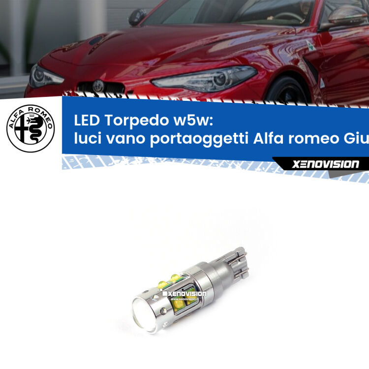 <strong>Luci Vano Portaoggetti LED 6000k per Alfa romeo Giulia</strong>  2015 in poi. Lampadine <strong>W5W</strong> canbus modello Torpedo.