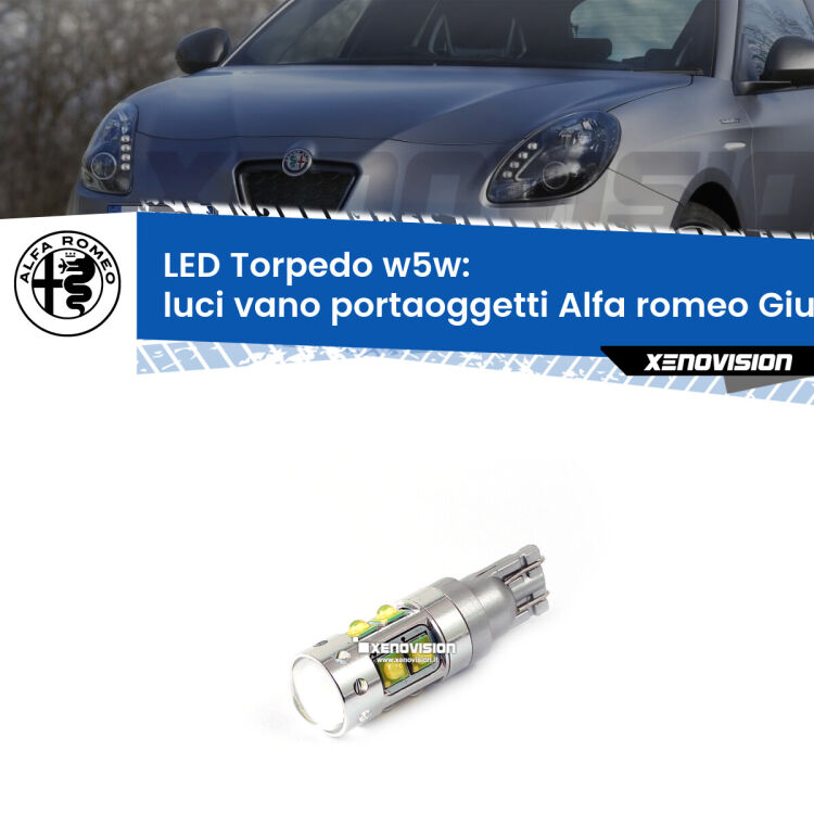 <strong>Luci Vano Portaoggetti LED 6000k per Alfa romeo Giulietta</strong>  2010 in poi. Lampadine <strong>W5W</strong> canbus modello Torpedo.