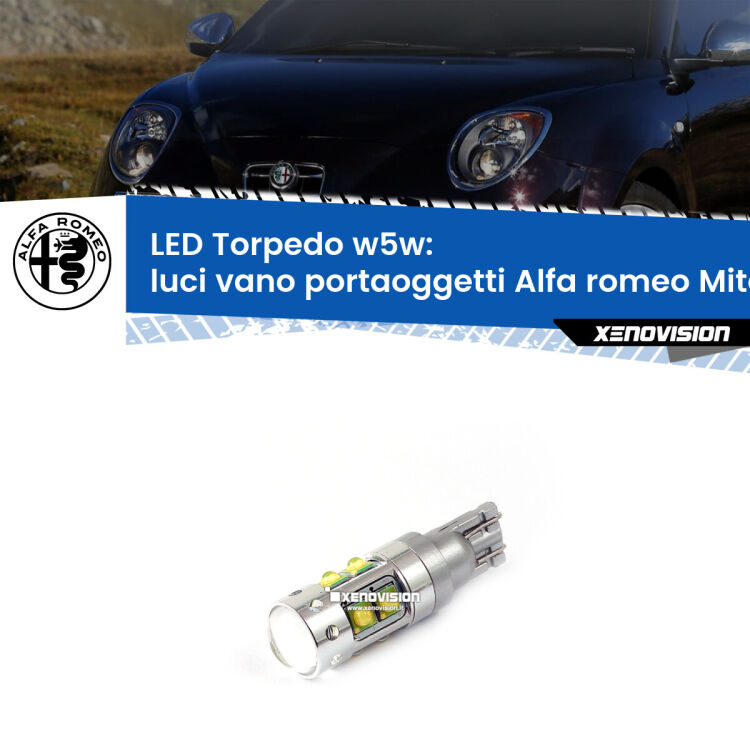 <strong>Luci Vano Portaoggetti LED 6000k per Alfa romeo Mito</strong>  2008 - 2018. Lampadine <strong>W5W</strong> canbus modello Torpedo.