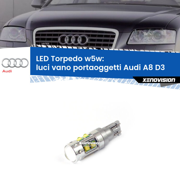 <strong>Luci Vano Portaoggetti LED 6000k per Audi A8</strong> D3 2002 - 2009. Lampadine <strong>W5W</strong> canbus modello Torpedo.