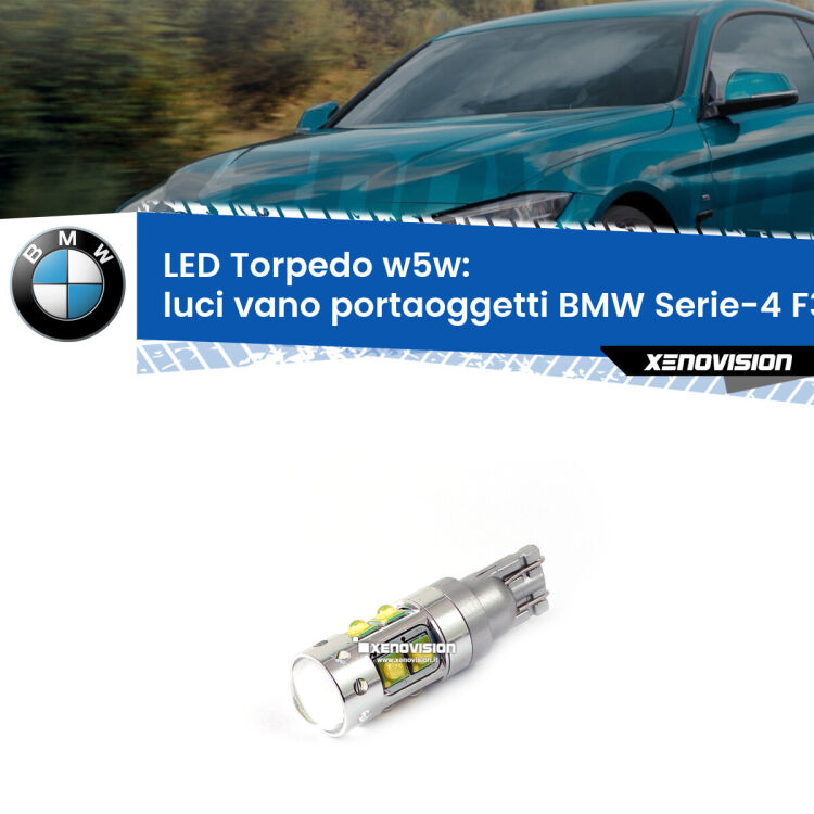 <strong>Luci Vano Portaoggetti LED 6000k per BMW Serie-4</strong> F32, F82 2013 - 2019. Lampadine <strong>W5W</strong> canbus modello Torpedo.