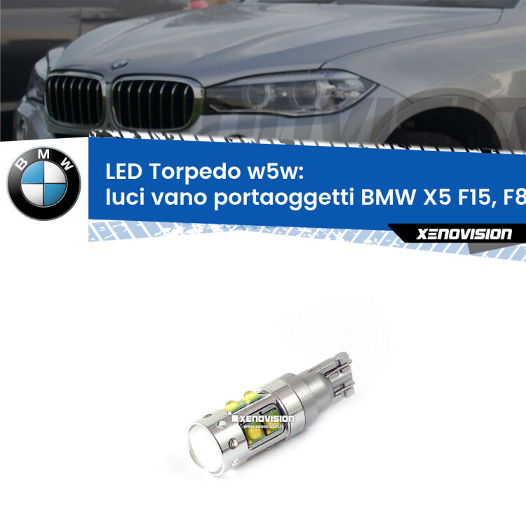 <strong>Luci Vano Portaoggetti LED 6000k per BMW X5</strong> F15, F85 2014 - 2018. Lampadine <strong>W5W</strong> canbus modello Torpedo.
