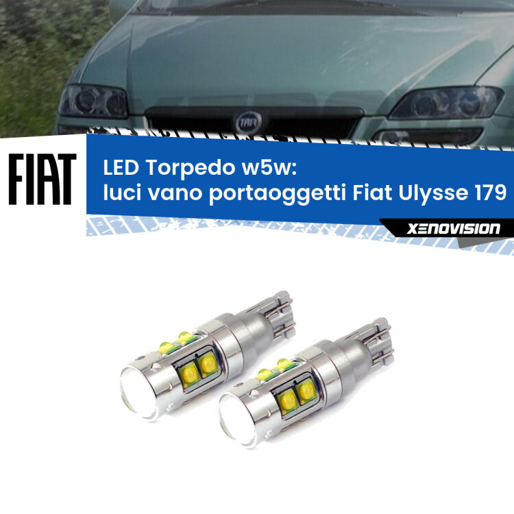 Luci Vano Portaoggetti LED W5W Fiat Ulysse 179 2002 - 2011 W5W Tube <strong>Luci Vano Portaoggetti LED 6000k per Fiat Ulysse</strong> 179 2002 - 2011. Lampadine <strong>W5W</strong> canbus modello Tube, luce bianco lunare, lunga durata e compatibilità.