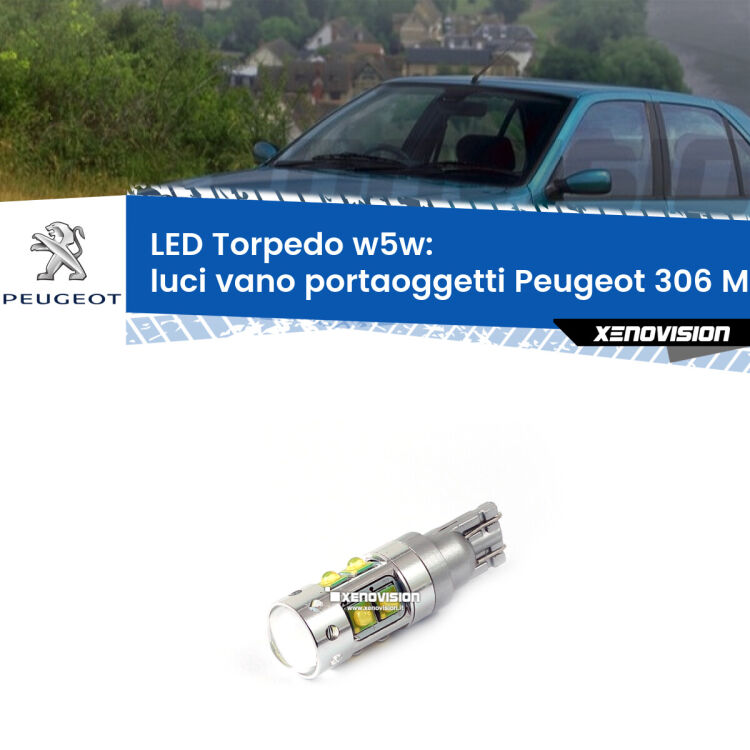 <strong>Luci Vano Portaoggetti LED 6000k per Peugeot 306</strong> Mk1 1993 - 2001. Lampadine <strong>W5W</strong> canbus modello Torpedo.