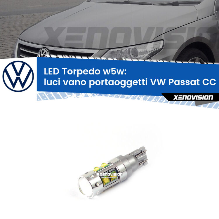 <strong>Luci Vano Portaoggetti LED 6000k per VW Passat CC</strong> 357 2008 - 2012. Lampadine <strong>W5W</strong> canbus modello Torpedo.