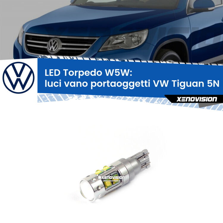 <strong>Luci Vano Portaoggetti LED 6000k per VW Tiguan</strong> 5N 2007 - 2018. Lampadine <strong>W5W</strong> canbus modello Torpedo.