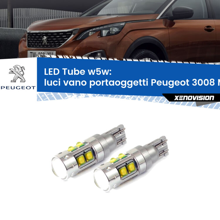 Luci Vano Portaoggetti LED W5W Peugeot 3008 Mk1 2008 - 2015 W5W Tube <strong>Luci Vano Portaoggetti LED 6000k per Peugeot 3008</strong> Mk1 2008 - 2015. Lampadine <strong>W5W</strong> canbus modello Tube, luce bianco lunare, lunga durata e compatibilità.