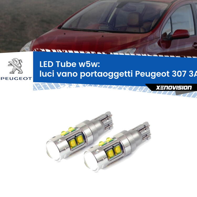 Luci Vano Portaoggetti LED W5W Peugeot 307 3A/C 2000 - 2009 W5W Tube <strong>Luci Vano Portaoggetti LED 6000k per Peugeot 307</strong> 3A/C 2000 - 2009. Lampadine <strong>W5W</strong> canbus modello Tube, luce bianco lunare, lunga durata e compatibilità.
