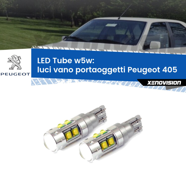 0 Luci Vano Portaoggetti LED W5W Peugeot 405 1987 - 1997 W5W Tube <strong>Luci Vano Portaoggetti LED 6000k per Peugeot 405</strong> 1987 - 1997. Lampadine <strong>W5W</strong> canbus modello Tube, luce bianco lunare, lunga durata e compatibilità.