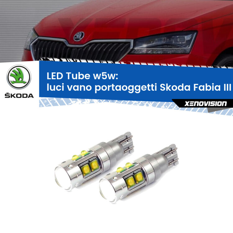 Luci Vano Portaoggetti LED W5W Skoda Fabia III NJ 2014 in poi W5W Tube <strong>Luci Vano Portaoggetti LED 6000k per Skoda Fabia III</strong> NJ 2014 in poi. Lampadine <strong>W5W</strong> canbus modello Tube, luce bianco lunare, lunga durata e compatibilità.
