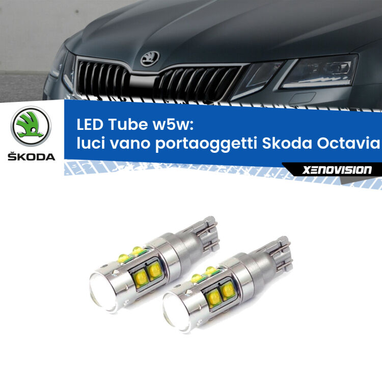 Luci Vano Portaoggetti LED W5W Skoda Octavia III 5E 2012 - 2018 W5W Tube <strong>Luci Vano Portaoggetti LED 6000k per Skoda Octavia III</strong> 5E 2012 - 2018. Lampadine <strong>W5W</strong> canbus modello Tube, luce bianco lunare, lunga durata e compatibilità.