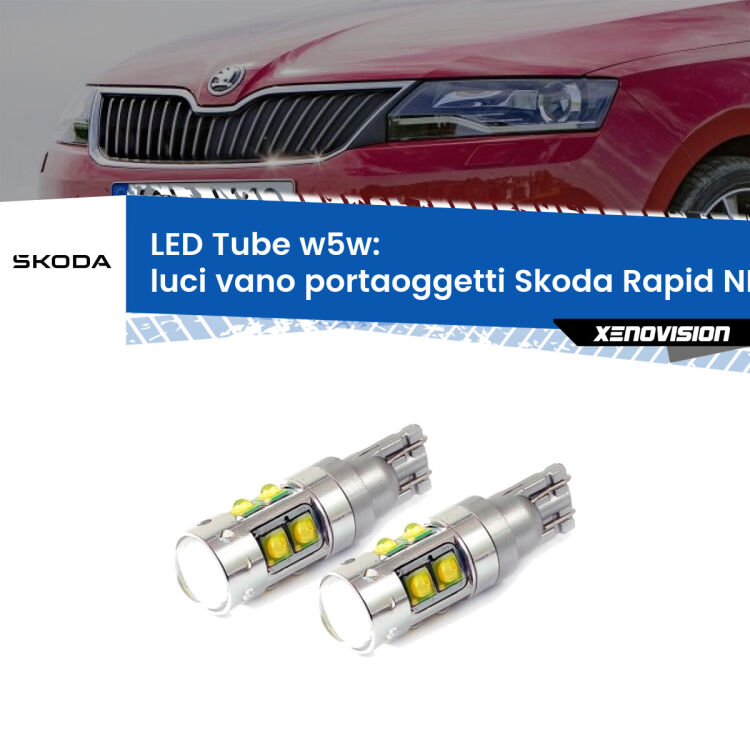Luci Vano Portaoggetti LED W5W Skoda Rapid NH3 2012 - 2021 W5W Tube <strong>Luci Vano Portaoggetti LED 6000k per Skoda Rapid</strong> NH3 2012 - 2021. Lampadine <strong>W5W</strong> canbus modello Tube, luce bianco lunare, lunga durata e compatibilità.