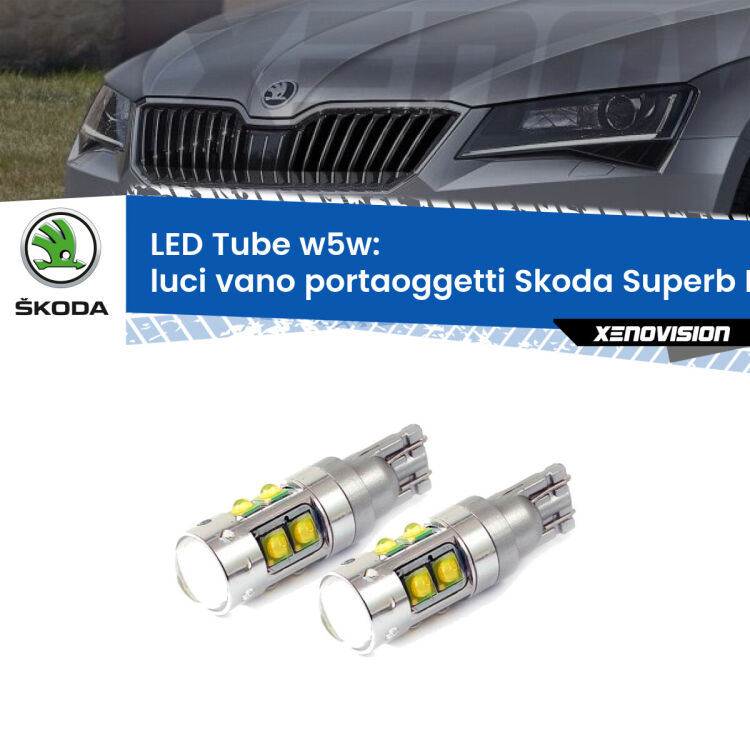 Luci Vano Portaoggetti LED W5W Skoda Superb III B8 2015 in poi W5W Tube <strong>Luci Vano Portaoggetti LED 6000k per Skoda Superb III</strong> B8 2015 in poi. Lampadine <strong>W5W</strong> canbus modello Tube, luce bianco lunare, lunga durata e compatibilità.