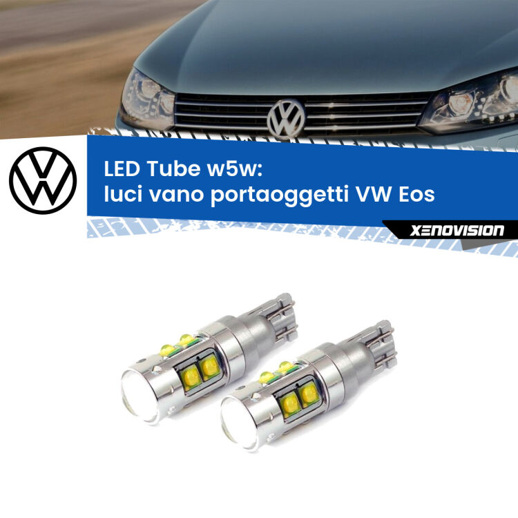 0 Luci Vano Portaoggetti LED W5W VW Eos 2006 - 2015 W5W Tube <strong>Luci Vano Portaoggetti LED 6000k per VW Eos</strong> 2006 - 2015. Lampadine <strong>W5W</strong> canbus modello Tube, luce bianco lunare, lunga durata e compatibilità.