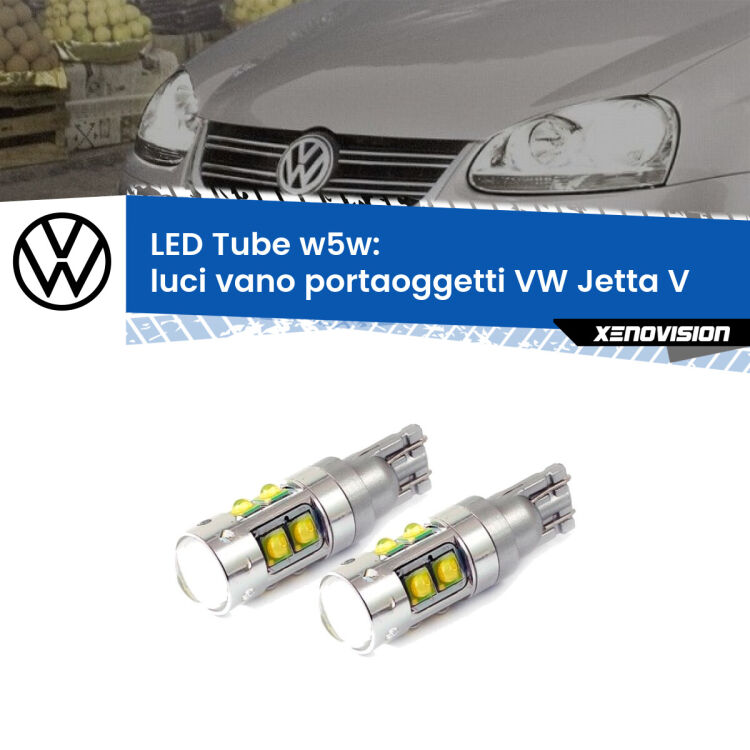 0 Luci Vano Portaoggetti LED W5W VW Jetta V 2005 - 2010 W5W Tube <strong>Luci Vano Portaoggetti LED 6000k per VW Jetta</strong> V 2005 - 2010. Lampadine <strong>W5W</strong> canbus modello Tube, luce bianco lunare, lunga durata e compatibilità.