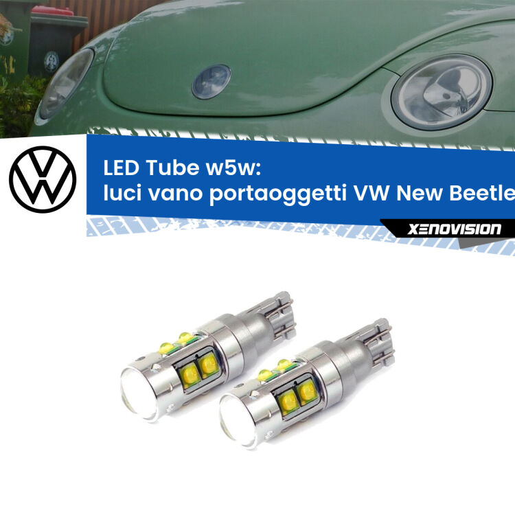 Luci Vano Portaoggetti LED W5W VW New Beetle 1998 - 2010 W5W Tube <strong>Luci Vano Portaoggetti LED 6000k per VW New Beetle</strong> 1998 - 2010. Lampadine <strong>W5W</strong> canbus modello Tube, luce bianco lunare, lunga durata e compatibilità.