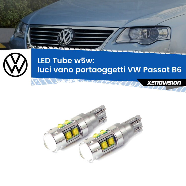 Luci Vano Portaoggetti LED W5W VW Passat B6 2005 - 2010 W5W Tube <strong>Luci Vano Portaoggetti LED 6000k per VW Passat</strong> B6 2005 - 2010. Lampadine <strong>W5W</strong> canbus modello Tube, luce bianco lunare, lunga durata e compatibilità.
