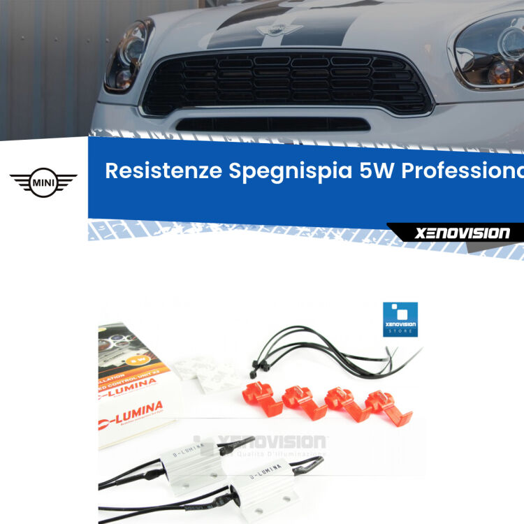 <span style="color: #626262;">Istallazione professionale. Coppia resistenze spegnispia 5W con armatura in alluminio in caso di spie su </span><span style="color: #626262;">luci posizione Mini Countryman.</span>