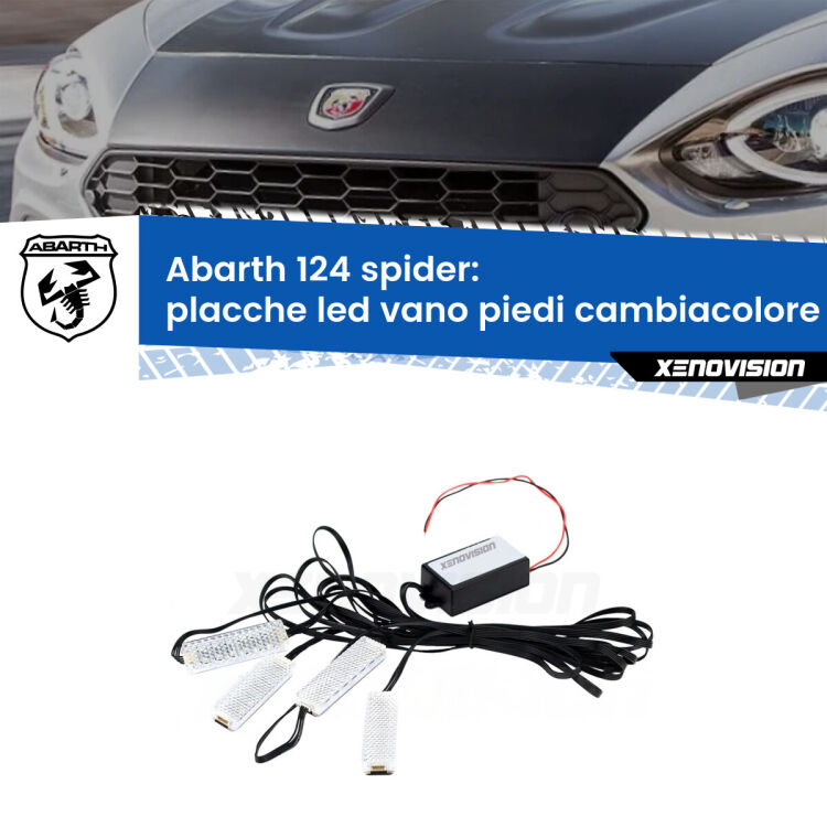 Placche LED vano piedi cambiacolore bluetooth per Abarth 124 spider 2016 - 2019 <strong>Kit placche LED cambiacolore vano piedi Abarth 124 spider</strong> 2016 - 2019. 4 placche <strong>Bluetooth</strong> con app Android /iOS.