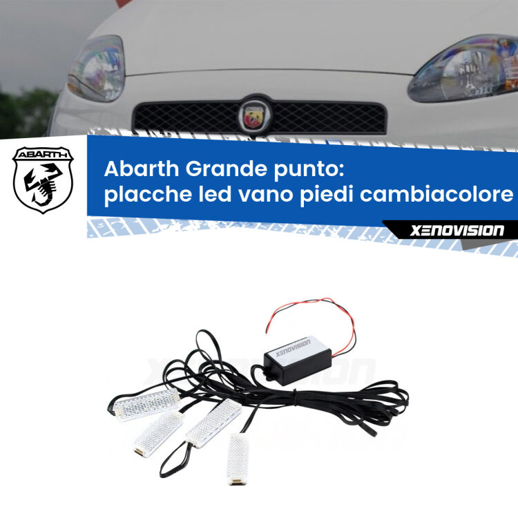 Placche LED vano piedi cambiacolore bluetooth per Abarth Grande punto 2007 - 2010 <strong>Kit placche LED cambiacolore vano piedi Abarth Grande punto</strong> 2007 - 2010. 4 placche <strong>Bluetooth</strong> con app Android /iOS.