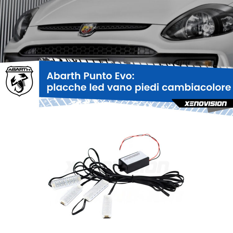 0 Placche LED vano piedi cambiacolore bluetooth per Abarth Punto Evo 2010 - 2014 <strong>Kit placche LED cambiacolore vano piedi Abarth Punto Evo</strong> 2010 - 2014. 4 placche <strong>Bluetooth</strong> con app Android /iOS.
