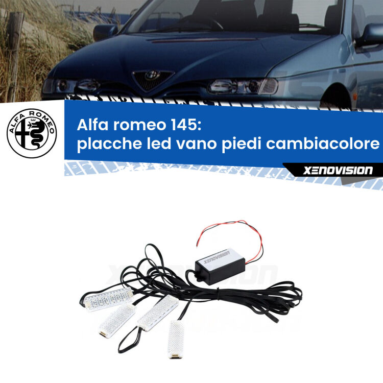 Placche LED vano piedi cambiacolore bluetooth per Alfa romeo 145  1994 - 2001 <strong>Kit placche LED cambiacolore vano piedi Alfa romeo 145</strong>  1994 - 2001. 4 placche <strong>Bluetooth</strong> con app Android /iOS.