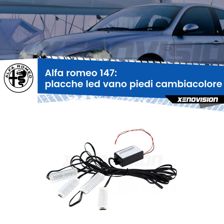 Placche LED vano piedi cambiacolore bluetooth per Alfa romeo 147 2000 - 2010 <strong>Kit placche LED cambiacolore vano piedi Alfa romeo 147</strong> 2000 - 2010. 4 placche <strong>Bluetooth</strong> con app Android /iOS.