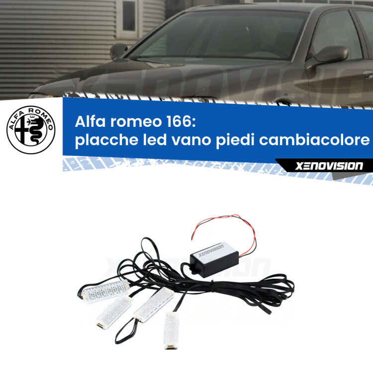 Placche LED vano piedi cambiacolore bluetooth per Alfa romeo 166  1998 - 2007 <strong>Kit placche LED cambiacolore vano piedi Alfa romeo 166</strong>  1998 - 2007. 4 placche <strong>Bluetooth</strong> con app Android /iOS.