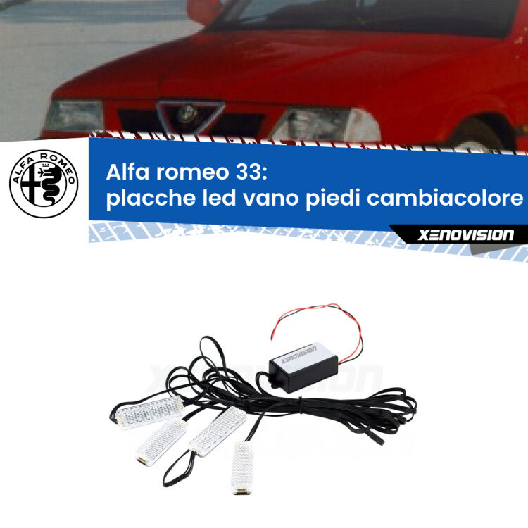 Placche LED vano piedi cambiacolore bluetooth per Alfa romeo 33  1990 - 1994 <strong>Kit placche LED cambiacolore vano piedi Alfa romeo 33</strong>  1990 - 1994. 4 placche <strong>Bluetooth</strong> con app Android /iOS.