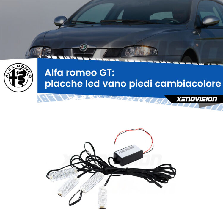 Placche LED vano piedi cambiacolore bluetooth per Alfa romeo GT  2003 - 2010 <strong>Kit placche LED cambiacolore vano piedi Alfa romeo GT</strong>  2003 - 2010. 4 placche <strong>Bluetooth</strong> con app Android /iOS.
