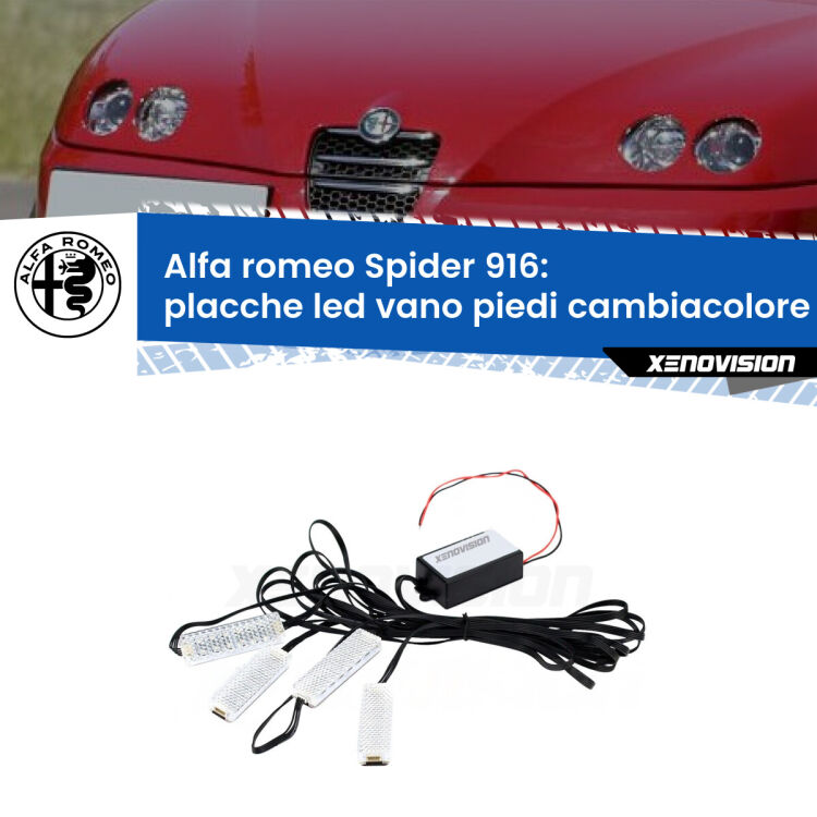 Placche LED vano piedi cambiacolore bluetooth per Alfa romeo Spider 916 1995 - 2005 <strong>Kit placche LED cambiacolore vano piedi Alfa romeo Spider</strong> 916 1995 - 2005. 4 placche <strong>Bluetooth</strong> con app Android /iOS.