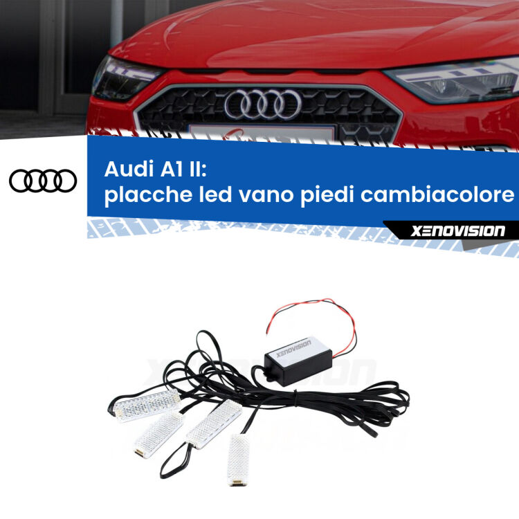 Placche LED vano piedi cambiacolore bluetooth per Audi A1 II 2019 in poi <strong>Kit placche LED cambiacolore vano piedi Audi A1</strong> II 2019 in poi. 4 placche <strong>Bluetooth</strong> con app Android /iOS.