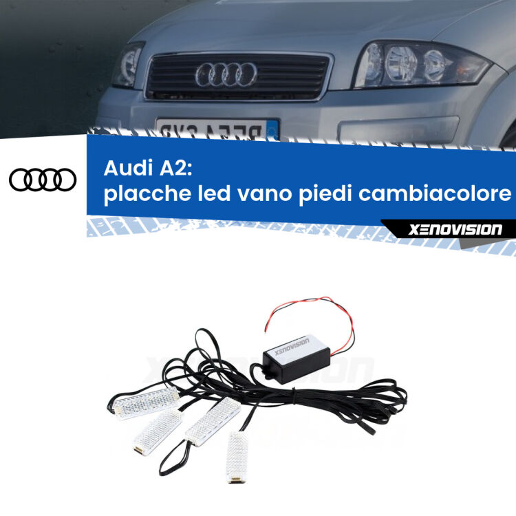 Placche LED vano piedi cambiacolore bluetooth per Audi A2 2000 - 2005 <strong>Kit placche LED cambiacolore vano piedi Audi A2</strong> 2000 - 2005. 4 placche <strong>Bluetooth</strong> con app Android /iOS.