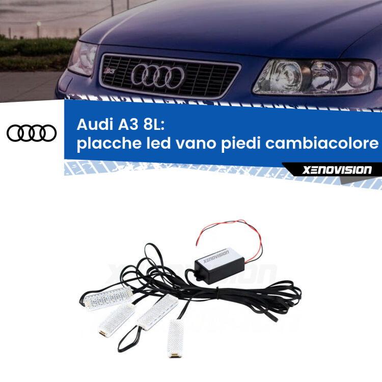 Placche LED vano piedi cambiacolore bluetooth per Audi A3 8L 1996 - 2003 <strong>Kit placche LED cambiacolore vano piedi Audi A3</strong> 8L 1996 - 2003. 4 placche <strong>Bluetooth</strong> con app Android /iOS.