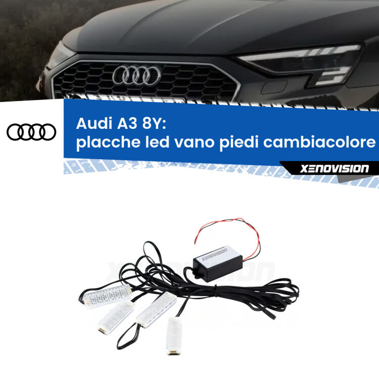 Placche LED vano piedi cambiacolore bluetooth per Audi A3 8Y 2020 in poi <strong>Kit placche LED cambiacolore vano piedi Audi A3</strong> 8Y 2020 in poi. 4 placche <strong>Bluetooth</strong> con app Android /iOS.