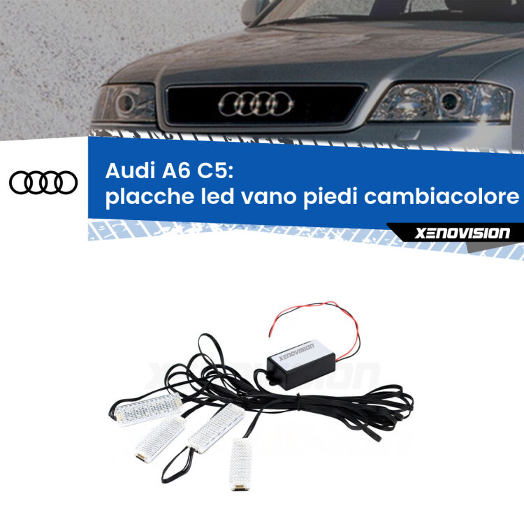 Placche LED vano piedi cambiacolore bluetooth per Audi A6 C5 1997 - 2004 <strong>Kit placche LED cambiacolore vano piedi Audi A6</strong> C5 1997 - 2004. 4 placche <strong>Bluetooth</strong> con app Android /iOS.
