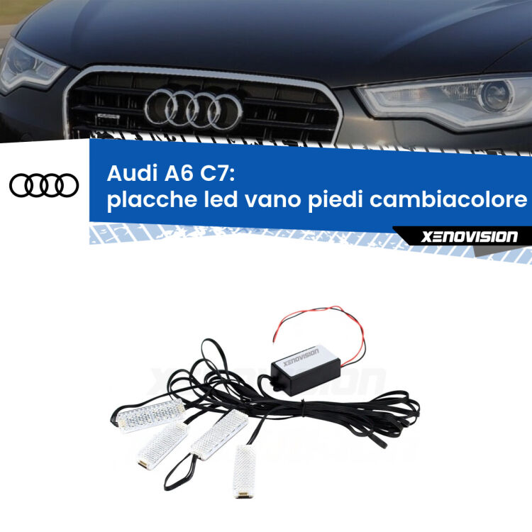 Placche LED vano piedi cambiacolore bluetooth per Audi A6 C7 2011 - 2018 <strong>Kit placche LED cambiacolore vano piedi Audi A6</strong> C7 2011 - 2018. 4 placche <strong>Bluetooth</strong> con app Android /iOS.