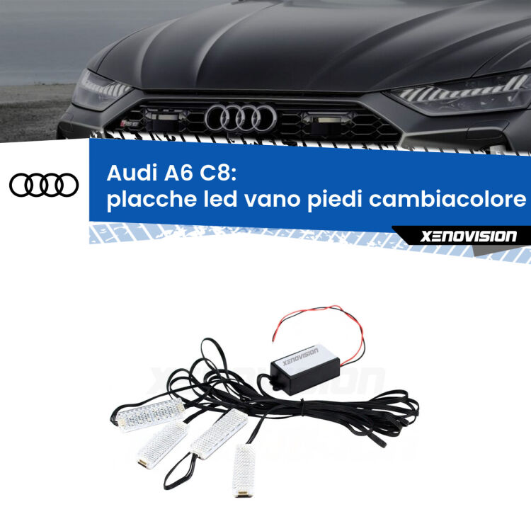Placche LED vano piedi cambiacolore bluetooth per Audi A6 C8 2018 in poi <strong>Kit placche LED cambiacolore vano piedi Audi A6</strong> C8 2018 in poi. 4 placche <strong>Bluetooth</strong> con app Android /iOS.