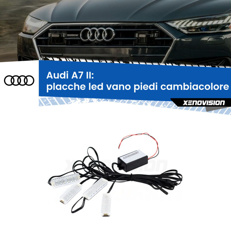 Placche LED vano piedi cambiacolore bluetooth per Audi A7 II 2019 in poi <strong>Kit placche LED cambiacolore vano piedi Audi A7</strong> II 2019 in poi. 4 placche <strong>Bluetooth</strong> con app Android /iOS.